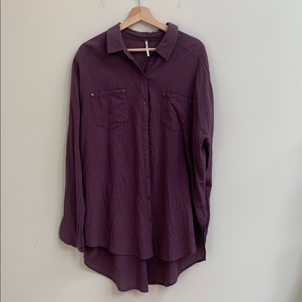 Free People Purple Button-Up Shirt Oversized Size Small.